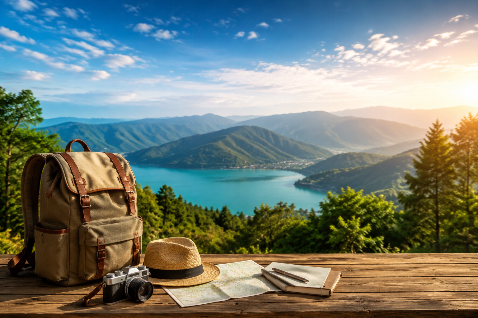Scenic mountain lake landscape representing dream vacation travel experience in Northeast India with backpack and camera on wooden deck