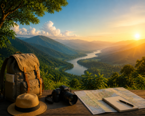 Beautiful golden hour mountain valley landscape with river view and travel gear representing adventure tourism and vacation planning