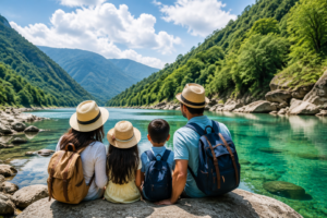 Family enjoying a scenic Northeast India tour with lake, mountains, and nature landscape view