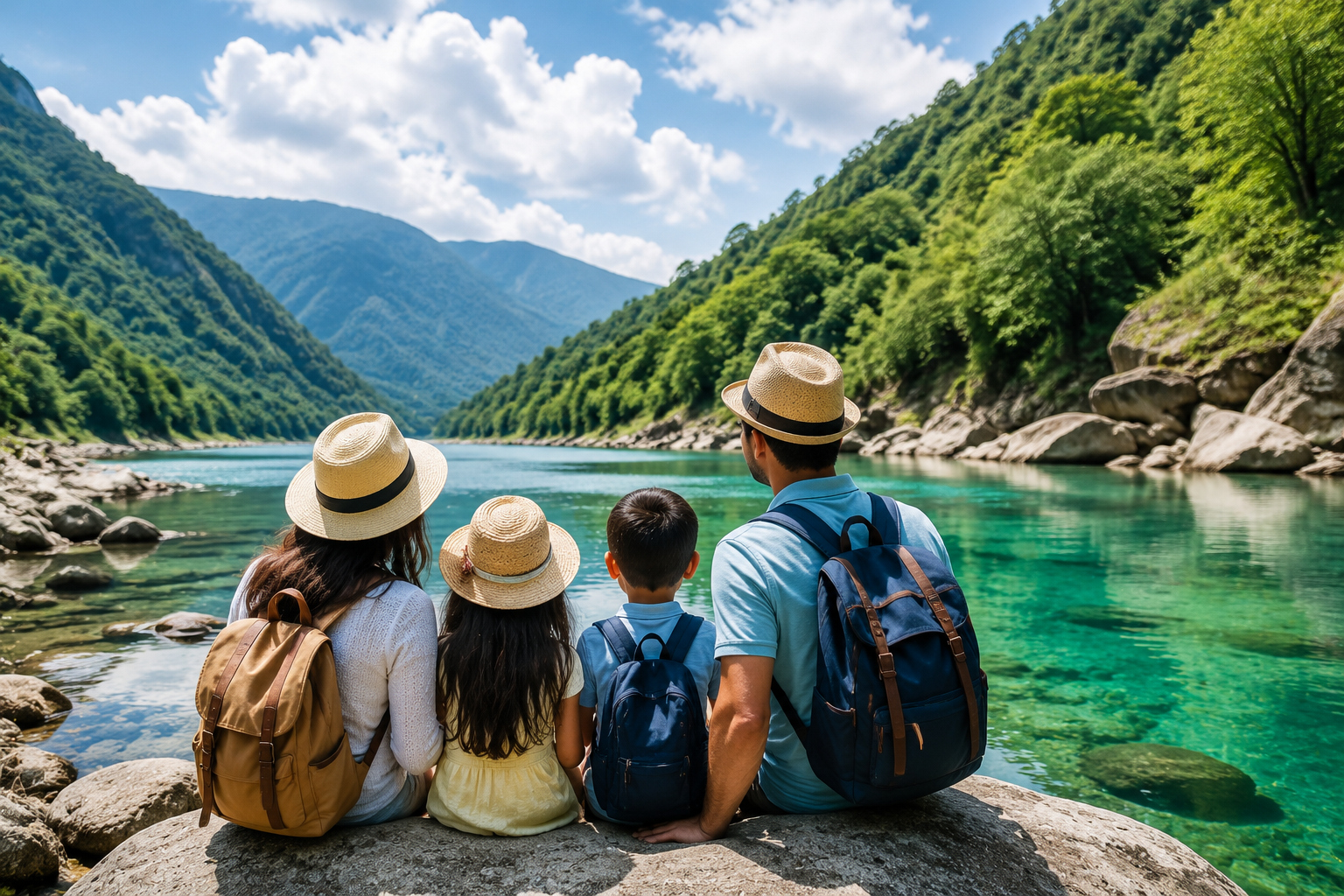 Family enjoying a scenic Northeast India tour with lake, mountains, and nature landscape view