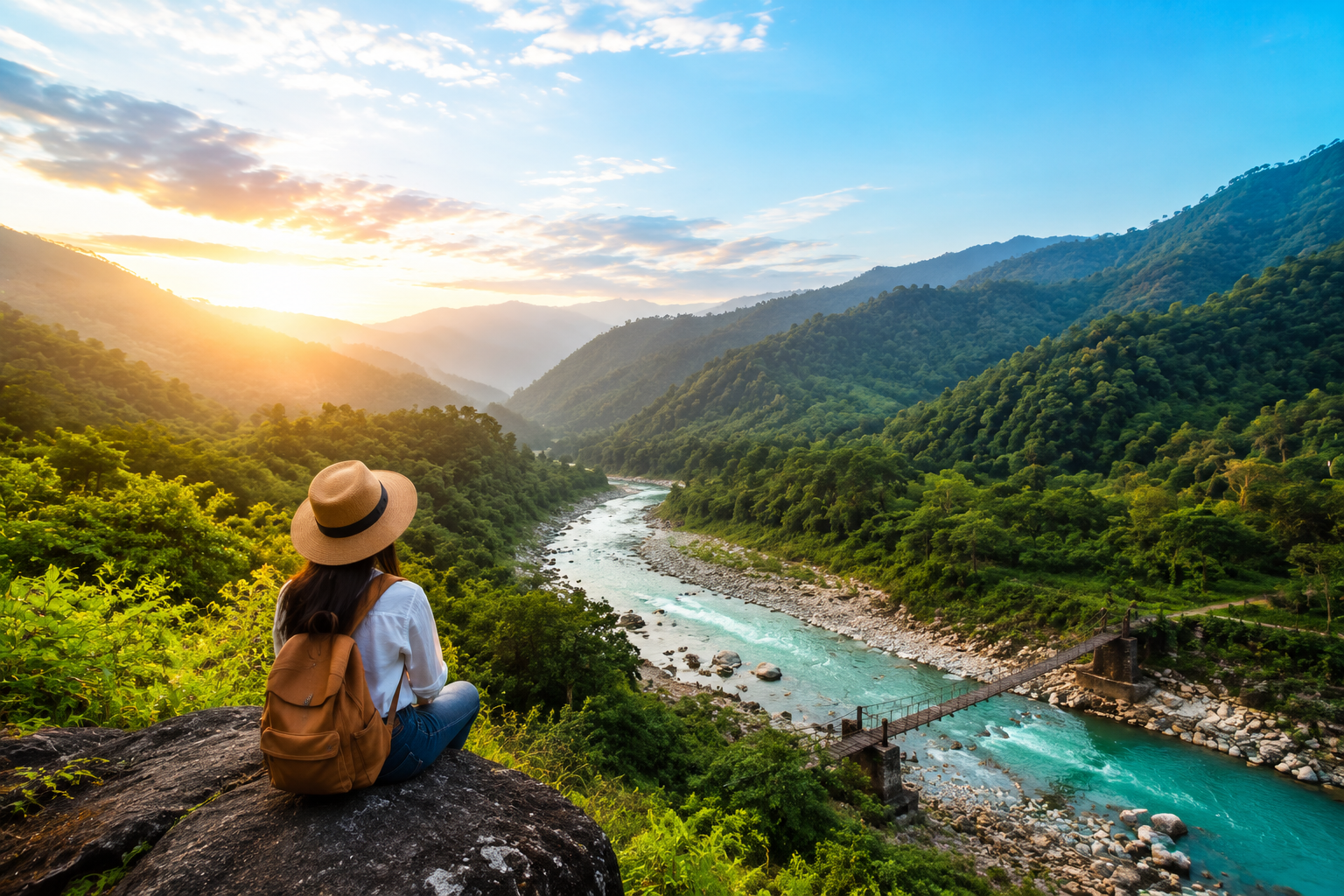 Traveler enjoying scenic view of river valley and green mountains in Northeast India during sunrise