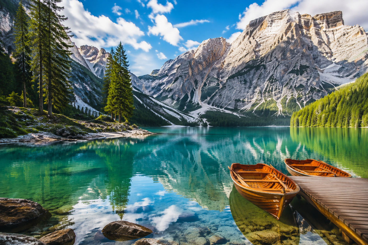Serene alpine lake surrounded by mountains with clear turquoise water, wooden boats, and peaceful natural landscape travel scenery