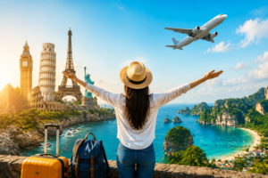 world travel tourism woman celebrating international destinations eiffel tower london dubai travel agency concept