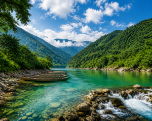 Beautiful river valley landscape in Northeast India with green mountains, clear water, and wooden boats representing travel tourism destinations