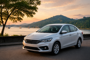 car rental service in guwahati showing a modern sedan on road during sunset representing dgreentravel taxi and travel service