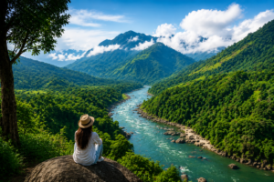 Scenic mountain valley of Northeast India with river landscape representing D Green Travel tour packages