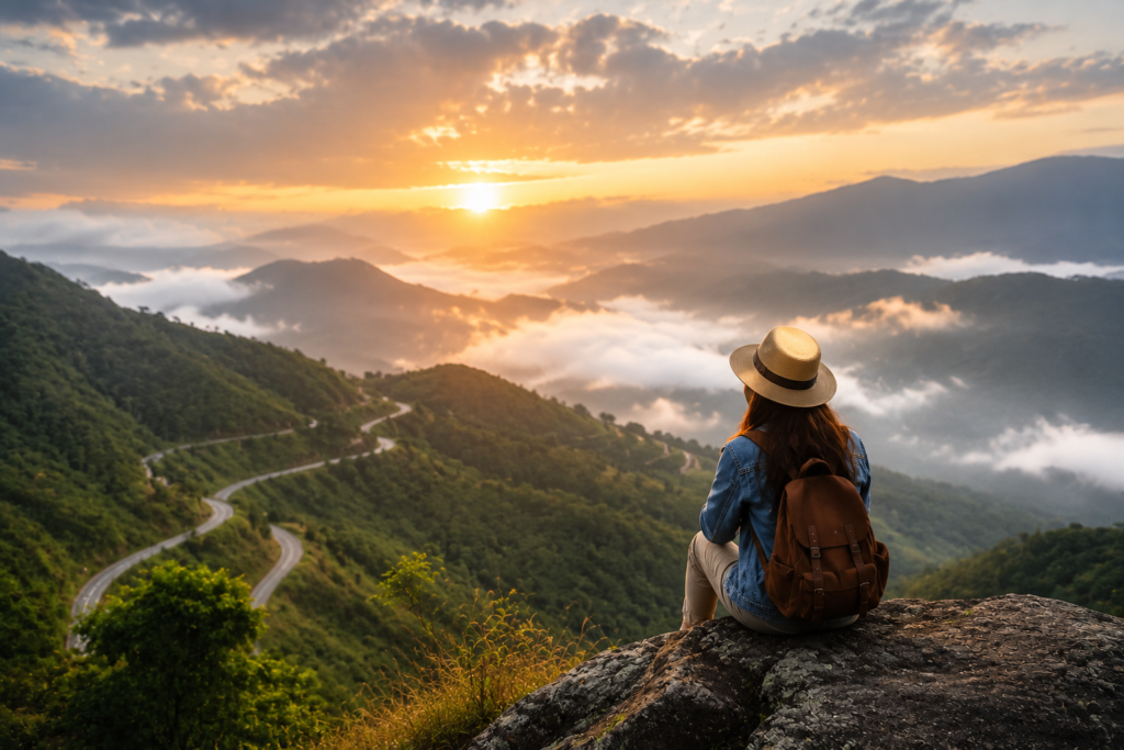 Traveler sitting on mountain viewpoint watching sunrise over valley and winding road, representing travel experience in Northeast India