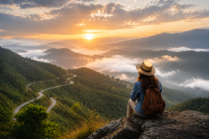Traveler sitting on mountain viewpoint watching sunrise over valley and winding road, representing travel experience in Northeast India
