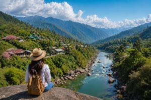 Scenic view of Northeast India valley with river, mountains, and traveler enjoying natural landscape