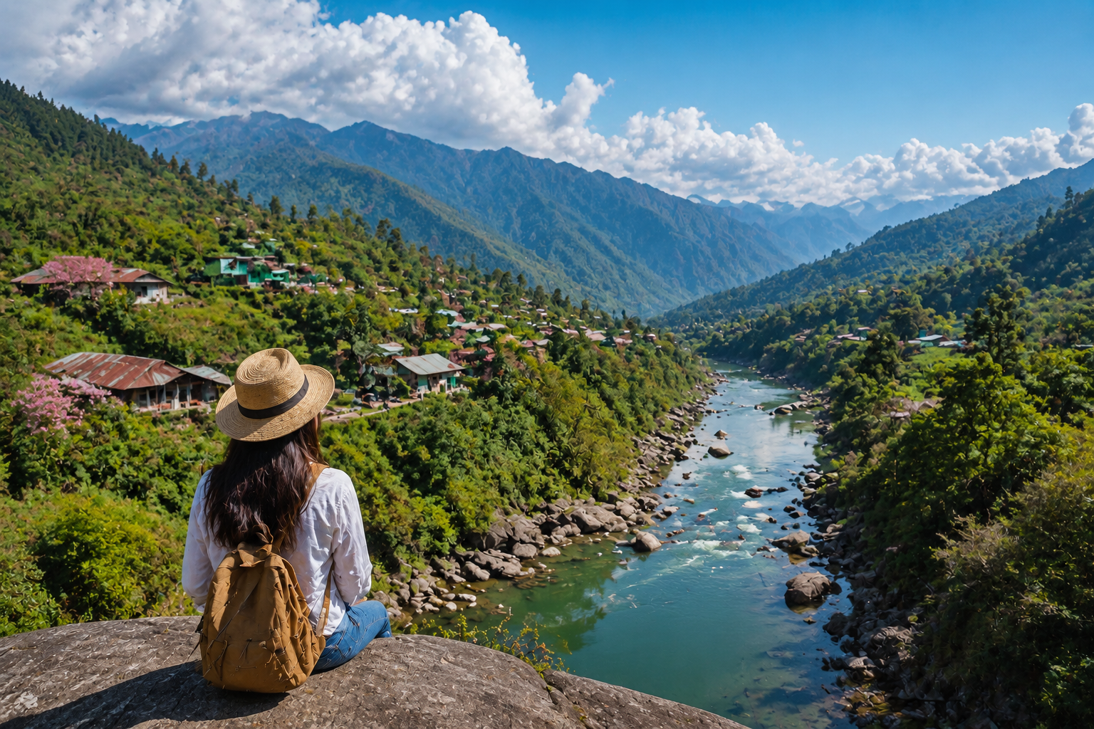 Scenic view of Northeast India valley with river, mountains, and traveler enjoying natural landscape