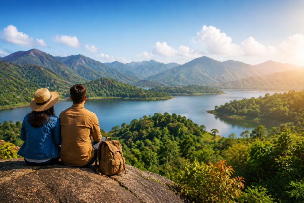 Couple sitting on rock enjoying scenic lake and mountain view during travel in Northeast India representing peaceful vacation and nature tourism